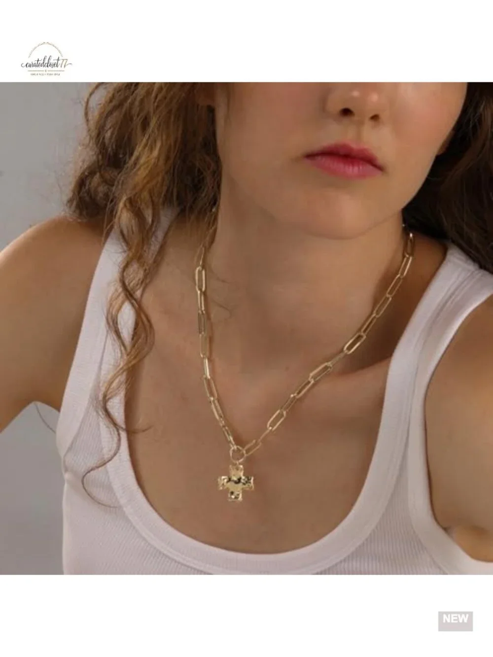 Chunky Cross Necklace Set 14K Gold Plated Paperclip Herringbone Chain
